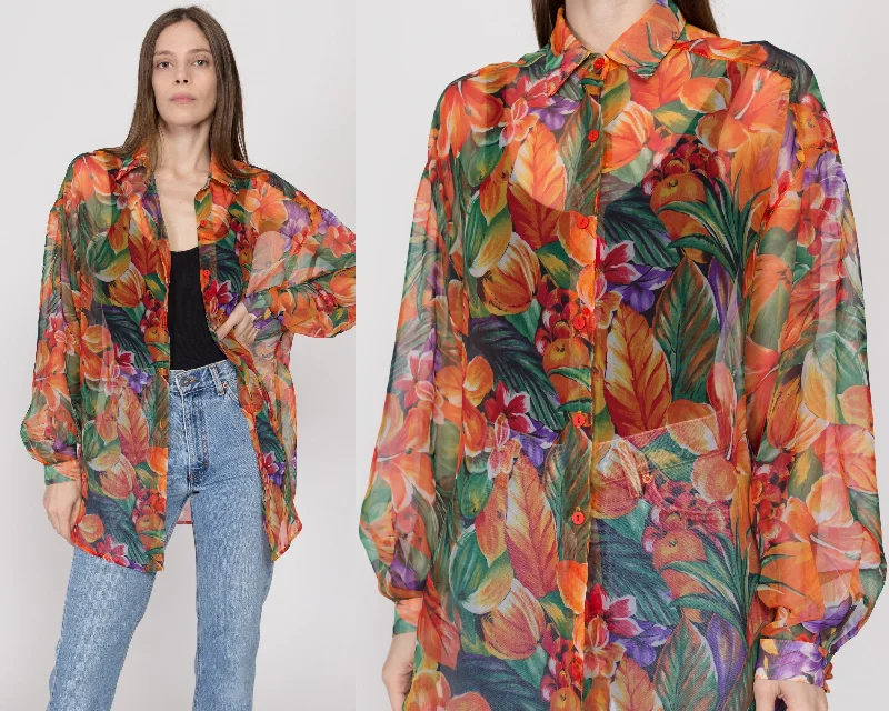 Large 90s Sheer Hibiscus Floral Print Blouse