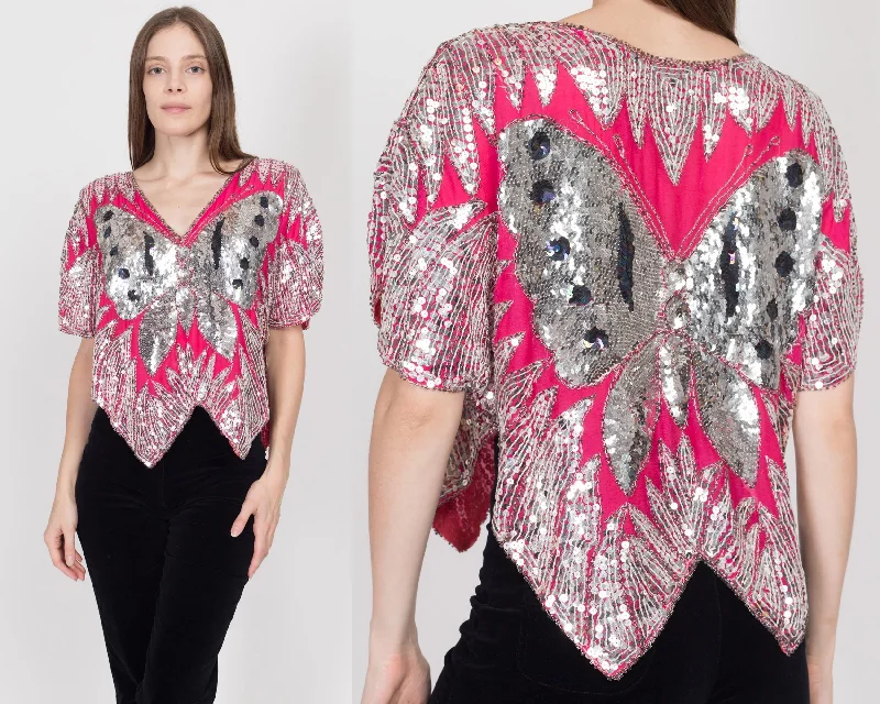 Medium 80s Hot Pink & Silver Sequin Silk Butterfly Top