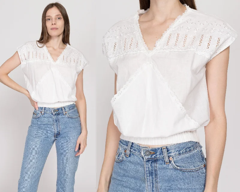 Medium 90s Boho White Eyelet Cropped Blouse