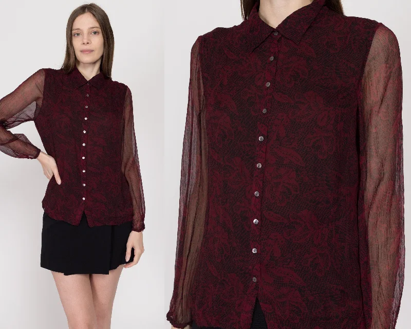 Medium 90s Red & Black Silk Snakeskin Floral Blouse