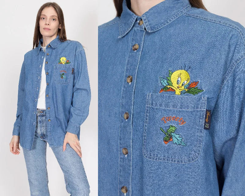 Medium 90s Tweety Bird Autumn Leaves Chambray Shirt