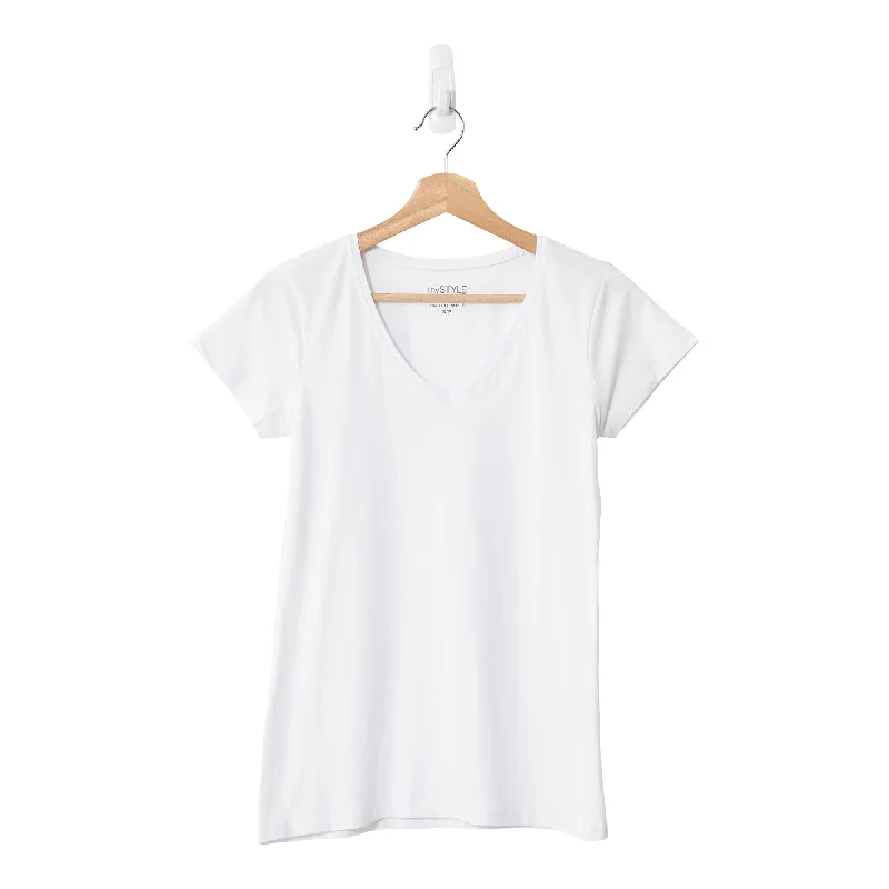 mySTYLE Women's Short Sleeve Stretch V-Neck T-Shirt, White