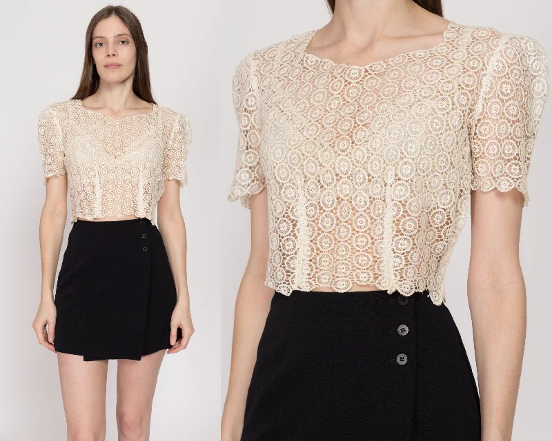 Small 1930s Sheer Crochet Lace Puff Sleeve Crop Top