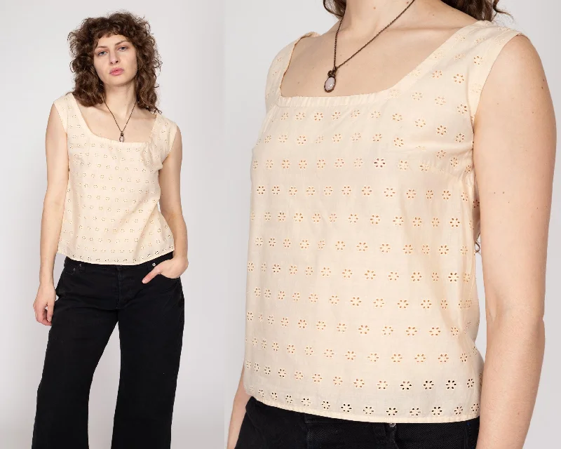 Small 70s Cream Cotton Floral Eyelet Top