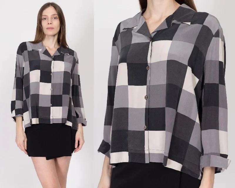 XL 90s Silk Grey Checkered Blouse