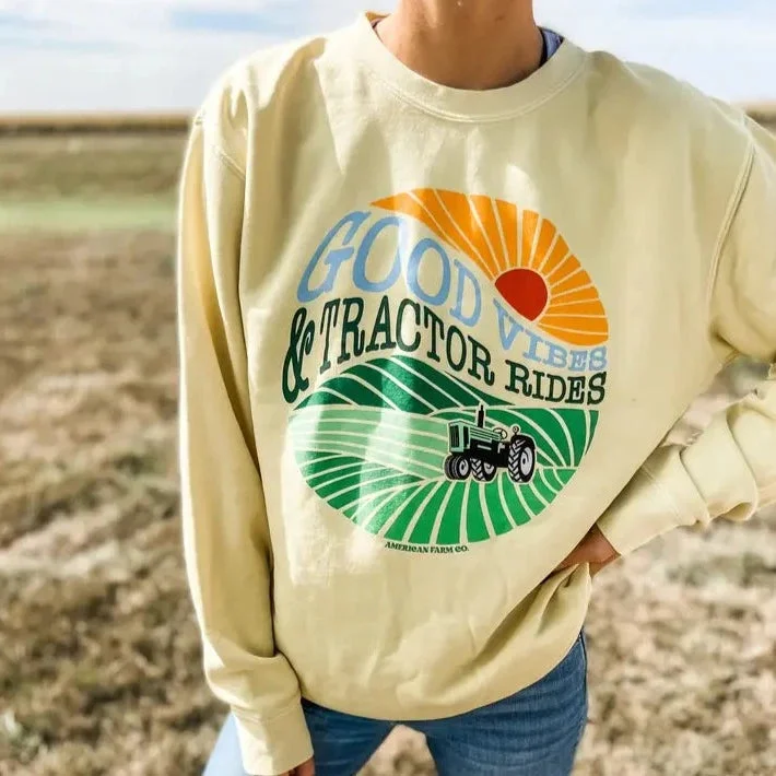 American Farm Co. ""Good Vibes & Tractor Rides"" Sweatshirt in Yellow