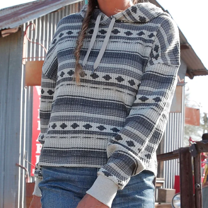 Cruel Women's Southwestern Striped Waffle Knit Hoodie in Gray