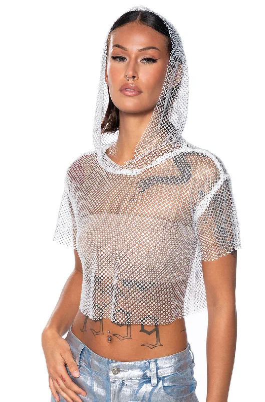 NORTH STAR RHINESTONE MESH HOODED CROP TOP IN WHITE