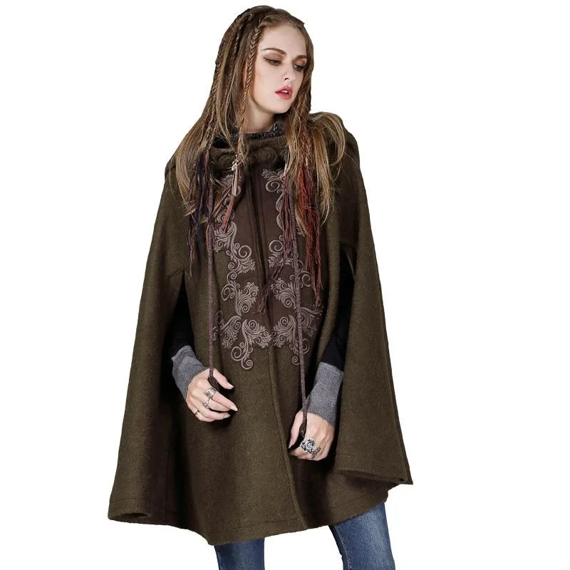 Vintage Spring Woolen Sleeveless Hooded Cloak Loose Tops Coat