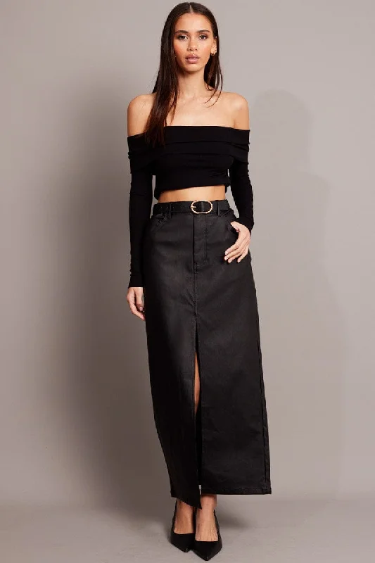 Black Midi Skirt High Rise Coated Fabric