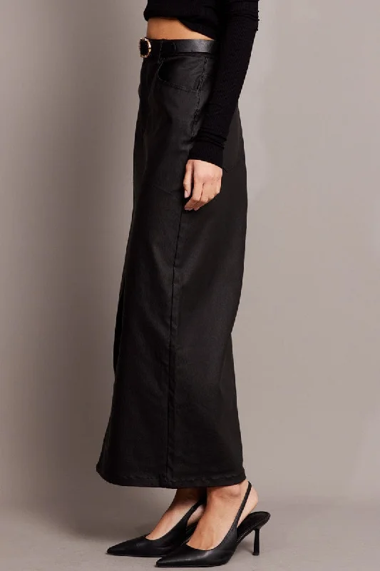 Black Midi Skirt High Rise Coated Fabric