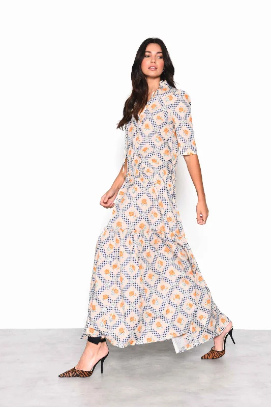 Glamorous Floral Cottage Gingham Tiered Maxi Dress with Frill Neck