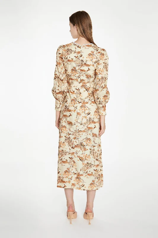 Tan Multi Blossom Long-Sleeve Belted Maxi-Dress