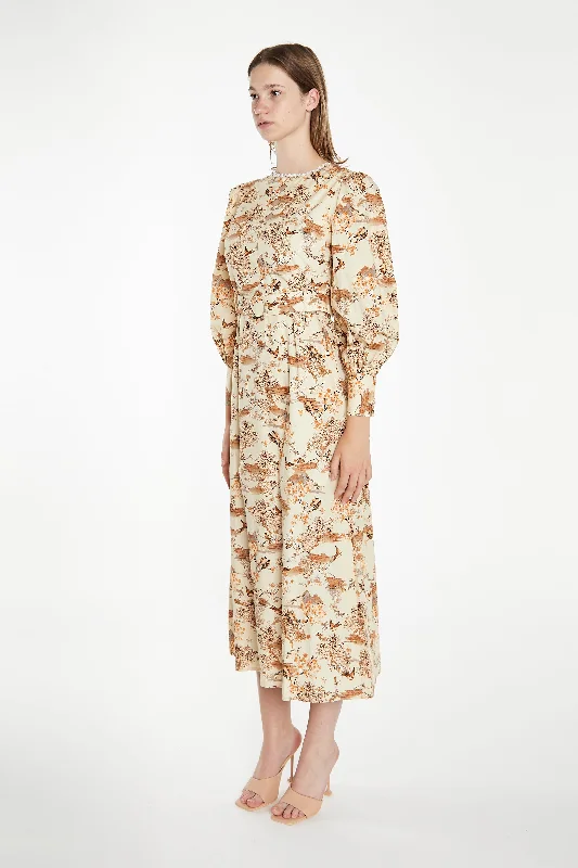 Tan Multi Blossom Long-Sleeve Belted Maxi-Dress