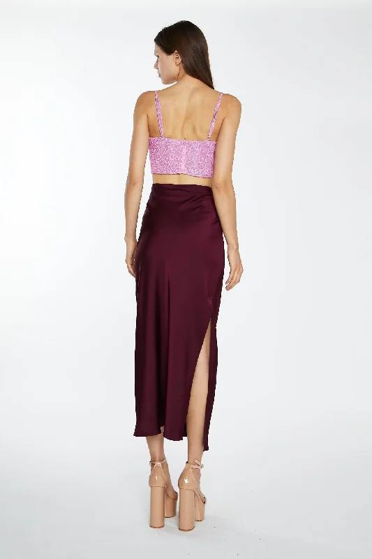 Deep-Burgundy Satin Side-Split Maxi-Skirt