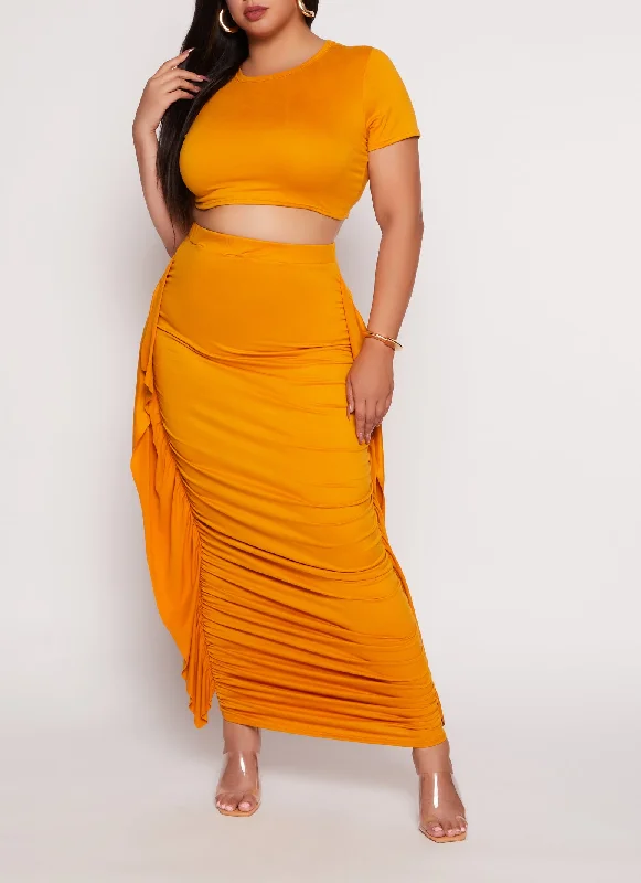 Plus Size Ruched Ruffle Detail Maxi Skirt