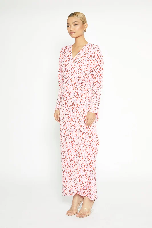 White-Red-Pink-Floral Wrap Maxi Dress