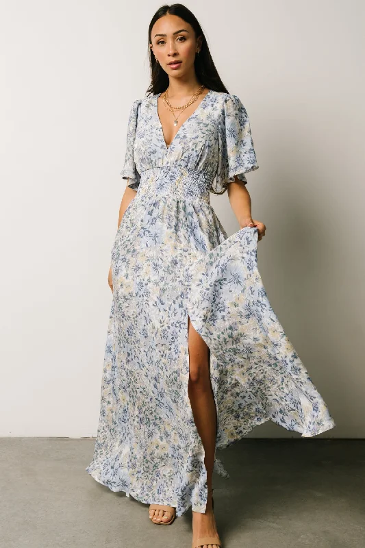 Verona Smocked Maxi Dress | White + Blue Print